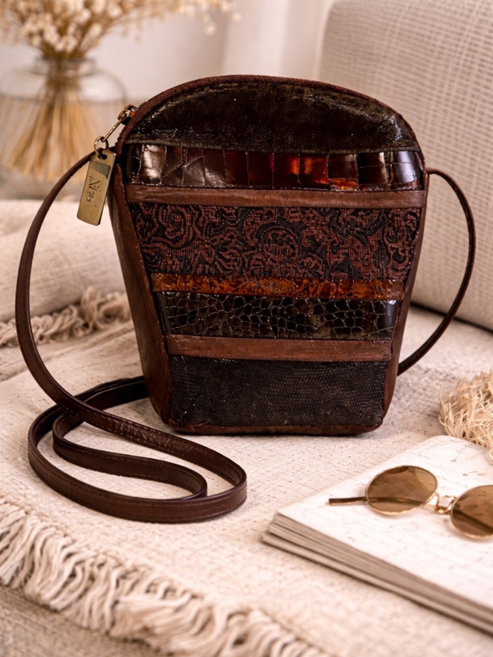 Sharif Brown Snakeskin Crossbody Bag Leather Boho Vintage bag